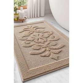 LUMI Ultra Absorbent Bathroom Rug Non Slip Rubber Backing, Machine Washable Bath Mat Soft Premium Microfiber, Elegant Floral Bath Rugs Quick Dry for Bathtub and Shower Floor, Decor, 24x36, Beige