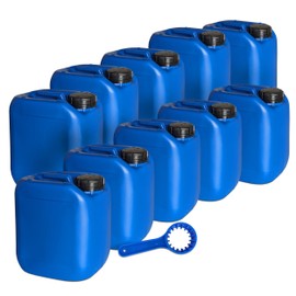 plasteo® 10 x 5 Litre Canister with Safety Lock (DIN 51) Canister Key DUO 51/61 Food Safe Portable Stackable and Stable Heavy Quality Indoor Outdoor BPA Free Blue