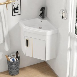 White triangular wall-mounted corner bathroom sink, 15-inch floating mini bathroom dressing table
