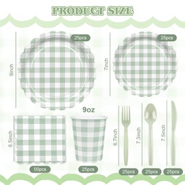 200 Pcs Gingham Party Supplies Sage Green Gingham Paper Plates and Napkins Set Disposable Green and White plaid Scalloped Paper Plates Checkered Dinner Party Set Cutlery for Baby Shower Wedding BBQ