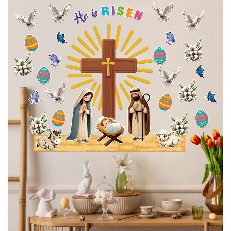 Maqiauly Easter Bulletin Board Decorations He Is Risen Cross Church