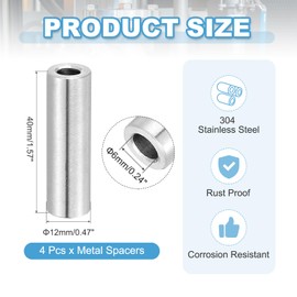 PATIKIL M6 Stainless Steel Spacers, 6mm ID x 12mm OD x 40mm L Round Bushing Screw Standoff Spacer for 1/4" M6 Screws Bolts Nuts, 4Pcs