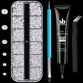 1 PC 15ml Nail Art Rhinestone Glue Gel(UV/LED)+1 Box of 2-5mm Flat Back Round Crystal Clear Gemstones+1 PC Tweezer+1 PC Dual-sided Dotting Pen for Professional And Home DIY Nail Art Decoration