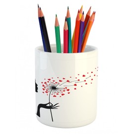 Ambesonne Dandelion Pencil Pen Holder, Woman Silhouette Heart Flying Valentines Day Themed, Ceramic Pencil Holder for Desk Office Accessory, 3.6" X 3.2", Vermilion Black White