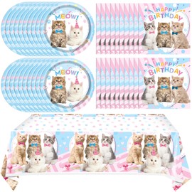 41Pcs Cat Birthday Party Supplies, Cat Theme Party Tableware Include 20 Paper Plates, 20 Napkins and 1 Tablecloth, Kitten Birthday Party Table Decorations Ideal for Cat Birthday Party Decoration
