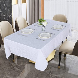 Obstal 210GSM Solid Flower Jacquard Table Cloth - Heavy Duty Waterproof Wrinkle Free Microfiber Tablecloth, Decorative Fabric Table Cover for Outdoor and Indoor Use (White, Rectangle 52 x 70 Inch)