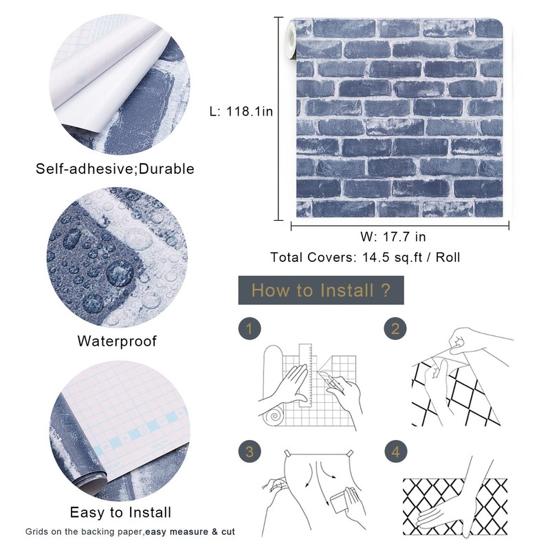 Timeet Blue Brick Wallpaper Peel and Stick Wallpaper 17.7" x