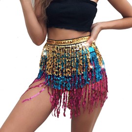 Wuchieal Belly Dance Costume Sequin Tassel Hip Cloth Outfits Skirt Belt Festival Clothing, rainbow