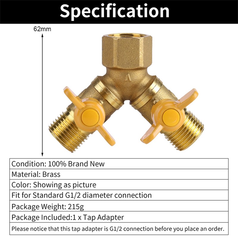 G1/2 Brass Garden Irrigation 2 Way Double Tap Hose Adapter