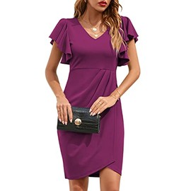 IHOT Cocktail Dresses for Women Evening Party Faux Wrap Ruffle Sleeve V Neck Dresses for Wedding Guest Cocktail Club Draped Ruched Sheath Knee Length Purple L