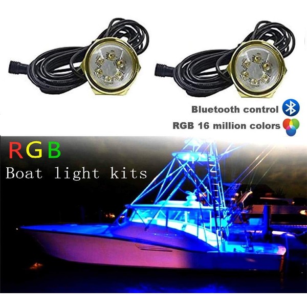 NBWDY 2Pcs RGB LED Boat Lights IP68 Waterproof Multi-Color Marine Boat Drain Plug Light LED Underwater Lights with Wireless RF Remote APP Control Music Function
