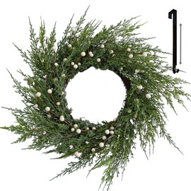 FINECASA Christmas Wreath with White Berries - Natural Green Holiday Decor for Front Door, Outdoor Christmas Wreaths, Porch, Window, Wall Decorations