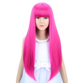 Kids Hot Pink Wig Girls Long Straight Meganta Wig with Bangs Synthetic Halloween Cosplay Costume Party