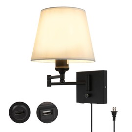 Bedside Wall Mount Light with Dimmable Switch and USB C+A Charging Port, Swing Arm Fabric Shade Wall Sconce Light with Plug in Cord, Black Wall Lamp for Bedroom, Living Room and Hotel