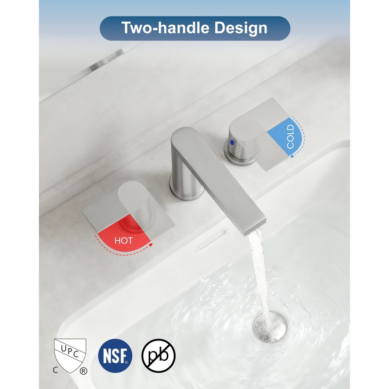 Cinwiny Brushed Nickel 3 Hole Bathroom Faucet, 8 Inch Widespread,