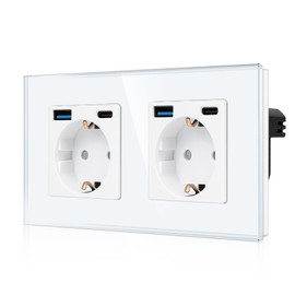 CNBINGO Flush-Mounted Double Socket, 2 x USB-A/C Quick Charge, Glass White