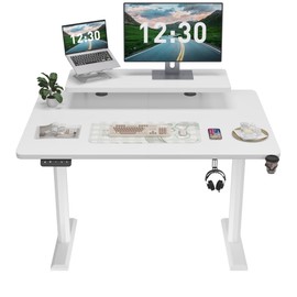 Furmax Electric Standing Desk with Monitor and Laptop Workstation, 47 x 24 Inches Height Adjustable Sit Stand Up Desk, Computer Workstation with Cup Holder and Hook, Holes for Cables, White