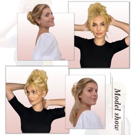 RUWISS Claw Clip Messy Bun Hair Piece Real Human Hair Buns Wavy Curly Chignon Hair Bun Extensions Tousled Updo Hair Buns Claw Clip Ponytail Hair Pieces for Women（Medium Brown With Bleach Blonde）