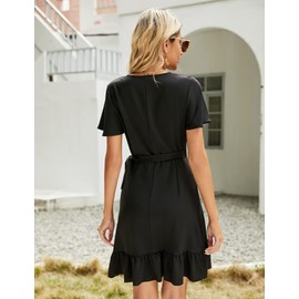 Naggoo Women's Summer Wrap V Neck Polka Dot Print Ruffle Short Sleeve Mini Floral Dress with Belt (Medium, Solid Black)