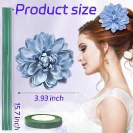 Quninet 12pcs Faux Dahlia Heads 3.9 Inch Silk Artificial Dahlia Flower Heads with Long Stems and Floral Tape for Wedding Bridal Shower Party Table Centerpieces (Gray Blue)