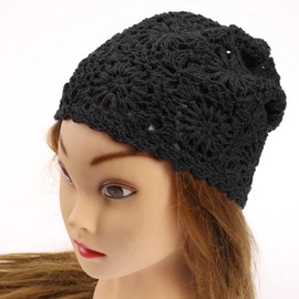 Beanie Hat Handmade Women Cotton Knit Cutout Vintage Floral Crochet Slouchy Skull Cap for 52-58 Cm Head Circumference Spring Summer Autumn Black