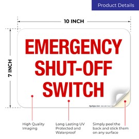 Sigo Signs, Emergency Shut-Off Switch Sign, 10x7 Inches, 4 Mil Vinyl Decal Stickers Weather Resistant UV Protected, Made in USA