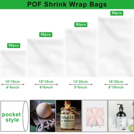 200 Pieces Heat Shrink Wrap Bags 4 x 4 Inch, 6 x 6 Inch, 5 x 8 Inch, 6 x 10 Inch, 4 Sizes Clear Odorless Heat Shrink Film Wrap POF Heat Shrink Wrap for Homemade DIY Packaging Soap Candle Bath Bomb