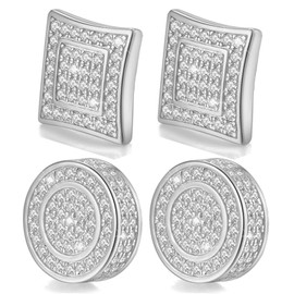 Gold Plated & Silver CZ Stud Earrings - Men's Large Square Earrings Set - Aretes De Hombre