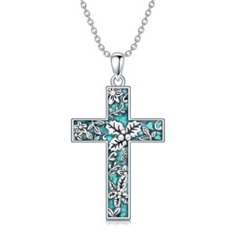 LEECCI Turquoise Cross Necklace for Women 925 Sterling Silver Holly Cross Pendant Turquoise Jewelry Gifts for Women Mother Grandma