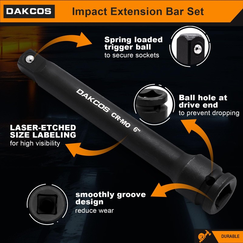 DAKCOS 1/2" Impact Socket Extension Bar Set, 3 Pieces Extensions