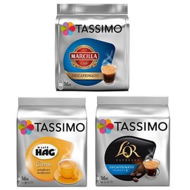 Tassimo 3 Decaf Variety Bundle - 1 x Marcilla Espresso Decaf, Cafe Hag Crema Decaf, LOR Decaf Espresso (All Decaffeinated - Total 48 Servings/Discs)