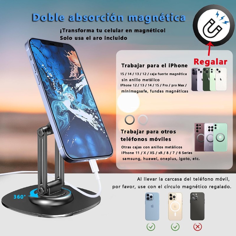 Soporte Celular Magnético Escritorio, Base Metálica Plegable, Soporte Magnético para