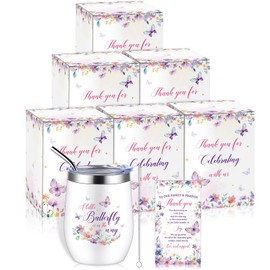 Hoolerry 6 Set Baby Shower Game Prizes 12 oz Insulated Stainless Steel Tumbler Cup with Lids, Straws, Cleaning Brush, Cards & Gift Boxes Return Gifts for Guests(Purple,Butterfly)