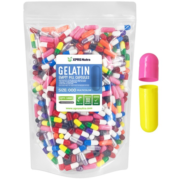 XPRS Nutra Size 000 Empty Capsules - 1000 Count Empty Gelatin Capsules - Empty Pill Capsules - DIY Supplement Capsule Filling - Fillable Color Gel Caps Pills (Multi Color)