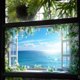 BlissYard Window Privacy Film 39.3×17.7 Inchs Stain Glass Window Film for Glass Sea Scene Glass Decorations Anti-UV Sun Non-Adhesive Static Cling Glass Covering Sticker for Bathroom and Living Room