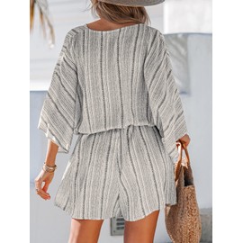 CUPSHE Summer Women Belted Striped Romper Deep V Neck Dolman Sleeves Jumpsuit Wide Leg Jumpsuits, S Black Stripes
