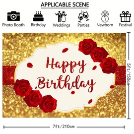 7x5ft Gold Glitter Happy Birthday Backdrop Red Rose Flowers Background for Adults Women Birthday Party Decorations Banner Photo Booth Supplies