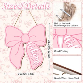 FYSUIMU Pink Bow Wooden Hanging Sign Cute Coquette Bow Welcome Wood Sign Bowknot Door Decor Sign for Indoor Outdoor Porch Wall