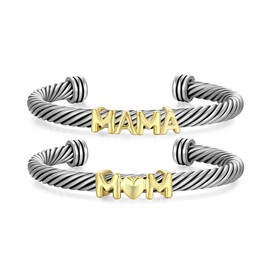 ESSNAMS 2Pcs Twisted Cable Cuff Bracelets Set for Women, Gold and Silver Bracelet with Mama Letter, Unique Present for Mom from Daughter and Son Mixed Metal Jewelry for Her