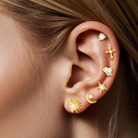 Jursena 3 Pairs Earring Set for Women 14K Hypoallergenic Gold Plated Earrings Multiple Piercing Small Cartilage Earrings Set Dainty Stud Earrings for women and teengrils, SQUARE EARRINGS SET, Sterling