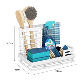 Kitchen Sink Caddy, Sink Organizer Sponge Holder, Sink Brush Holder with Removable Drain Tray, Stainless Steel Kitchen Sink Accessories for Sponge, Dish Brush, Soap, Scrubber, Dishcloth Etc - White