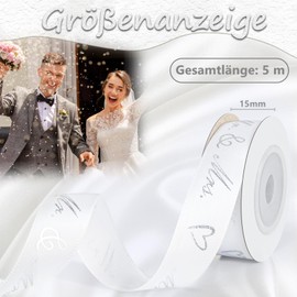 qingmeng 5 m Satin Ribbon Wedding White 15 mm Gift Ribbon White Wide Ribbon Gift Ribbon White Wedding Fabric Ribbon Gift Ribbon for Christening Birthday Decoration Gift Packaging