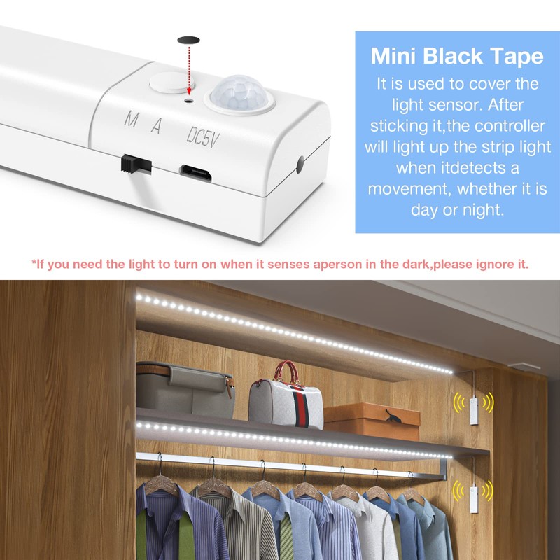 WOBANE Dual Motion Sensor Stair Lights Strip, Rechargeable 16.4ft LED