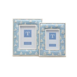 Two's Company Sailboat Hand-Beaded White Washed Photo Frame, Mango Wood, Cotton, Glass, and MDF, Set of 2, Stands Vertically and Horizontally