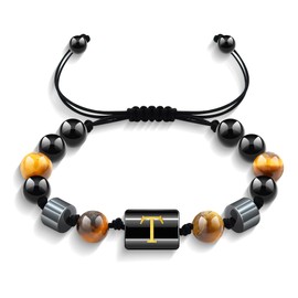 Yifnny Initial Bead Bracelet for Men, Tiger Eye Black Obsidian 8MM Beads Bracelet Adjustable Black Letter Beaded Stone Bracelet Jewelry Alphabet Beads Birthday Father Gifts for Men (T)