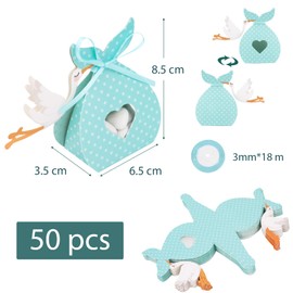 BETESSIN Party Favours Baby Shower Boy Blue – Pack of 50 Small Boxes with Stork Birth Motif – Welcome Home Baby Gifts for Birth – Gift Boxes for Baby Shower Party, Baby Shower etc.
