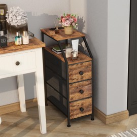 Tohomeor Narrow Dresser Tall Skinny Storage Tower Vertical Slim Chest of Drawers with Charging Station Small Nightstand Side Table for Bedroom, Bathroom, Small Spaces (Rustic Brown, 3 Drawers)