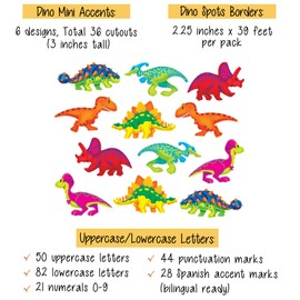 Dinosaur Bulletin Board - with Dinosaur Cutouts, Dino Themed Letters, Border, Mini Rewards Card Set | Dinosaur Decorations for Classroom, Name Tags, Lockers, Wall, Reward Chart | 4 Items