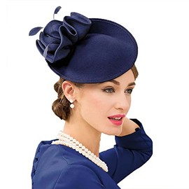 Gorra clásico para pastilleros, tocados, carreras de caballos, sombreros para mujeres, boda, elegante, iglesia, fieltro de lana, fedora, Azul marino (Navy 1), M