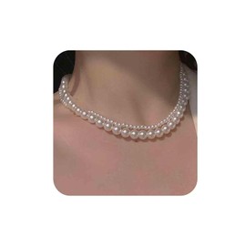 Aneneiceera Vintage Layered Pearl Choker Necklace Double Strand Pearl Necklace Silver Pearl Chain Necklace Minimalist Collar Necklace Jewelry for Women